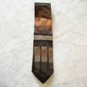 Robert Daskal Handpainted Men's Silk Neck Tie Brown Tan Orange Silver Abstract